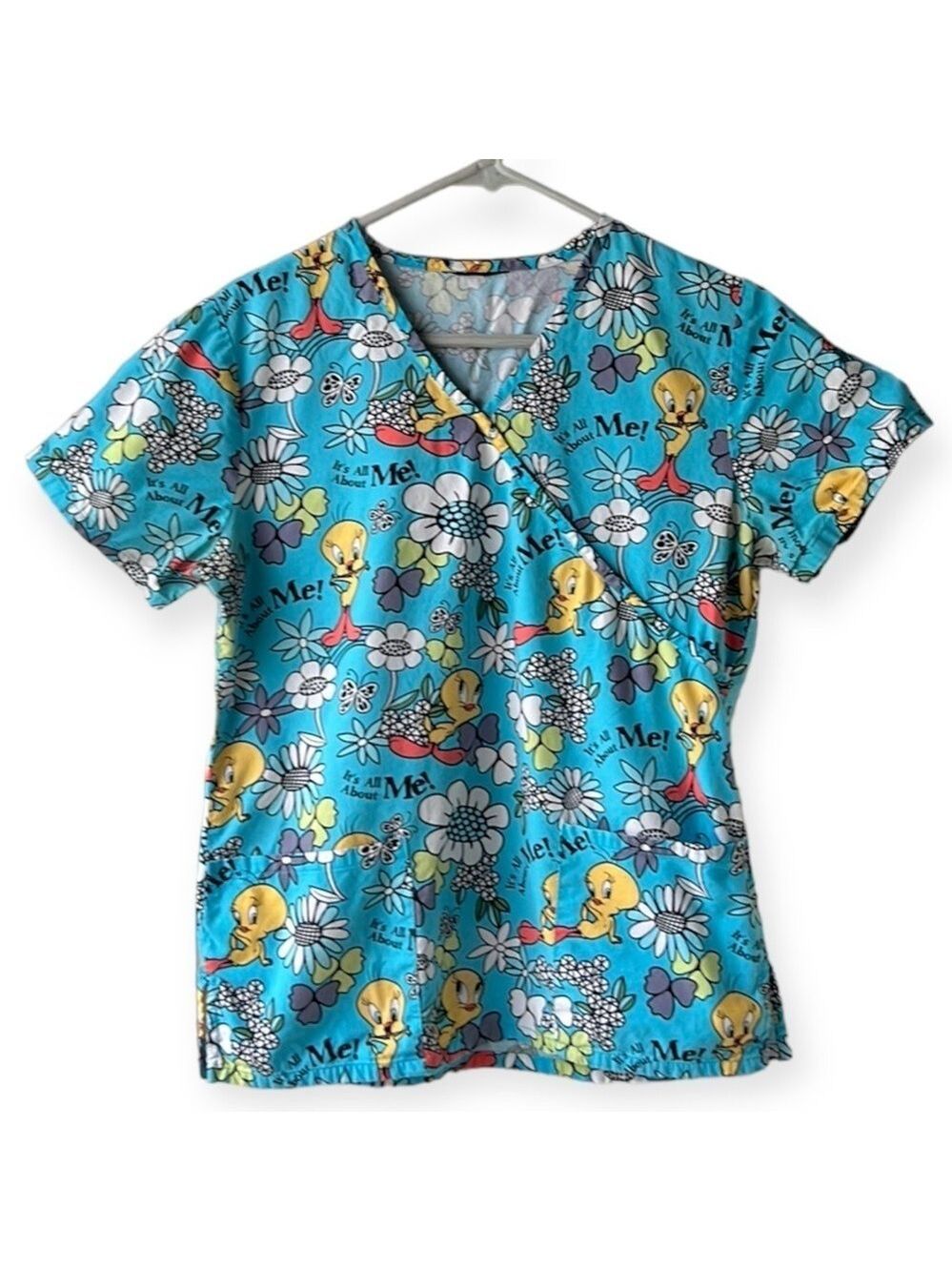Warner Bros. LOONEY TUNES Tweety Light Blue Faux Wrap Scrub Top Size Medium